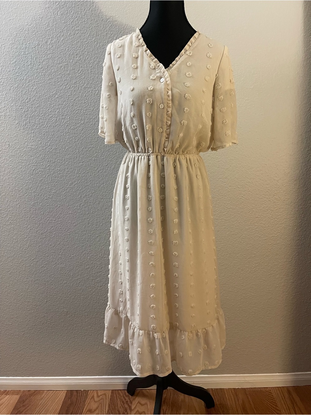 Polagram Cream Midi Dress with Pom-Dot Texture and Ruffle Hem